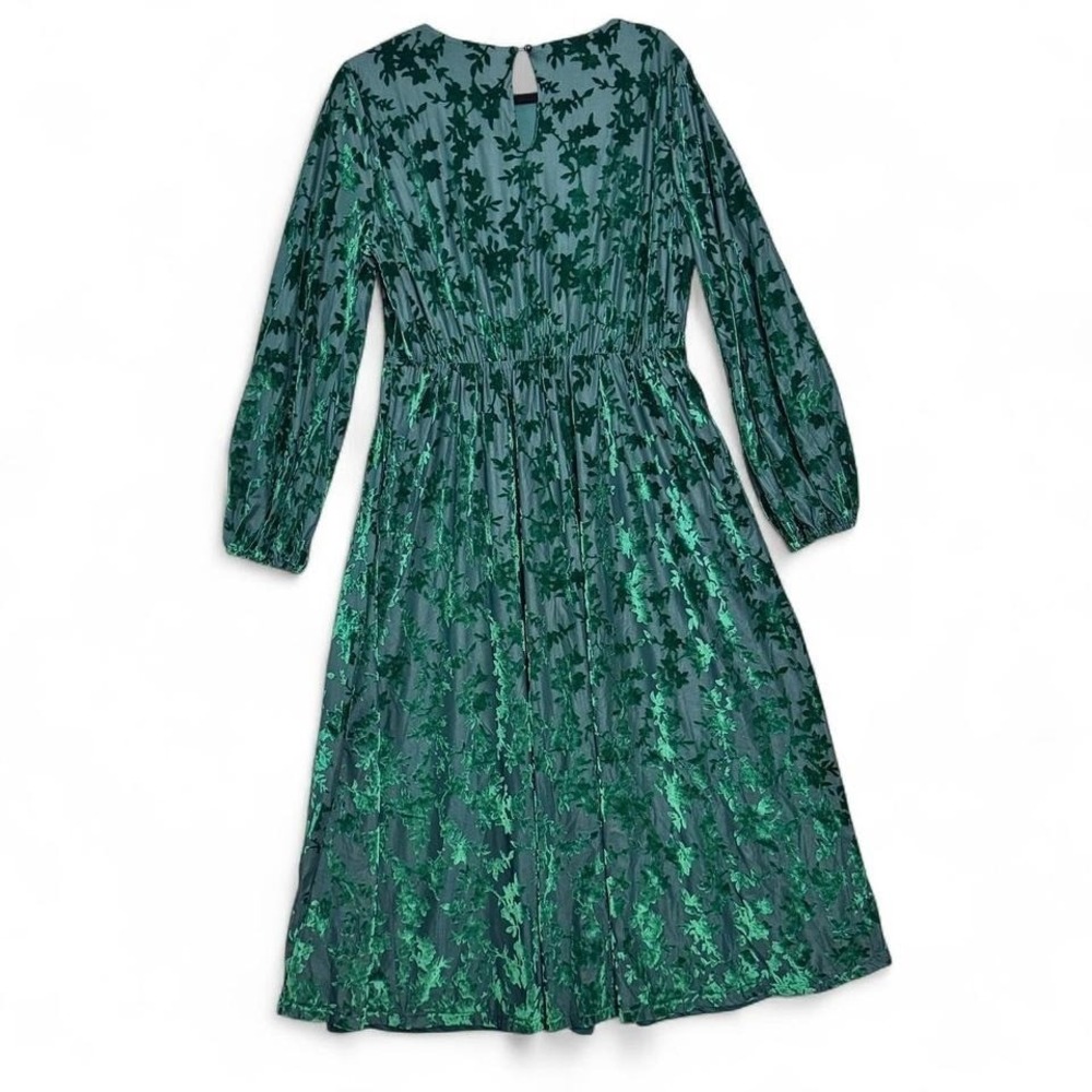 Emerald Green Velvet Burnout Midi Dress Sz L Whimsigoth Fairy Formal Floral - Picture 3 of 7
